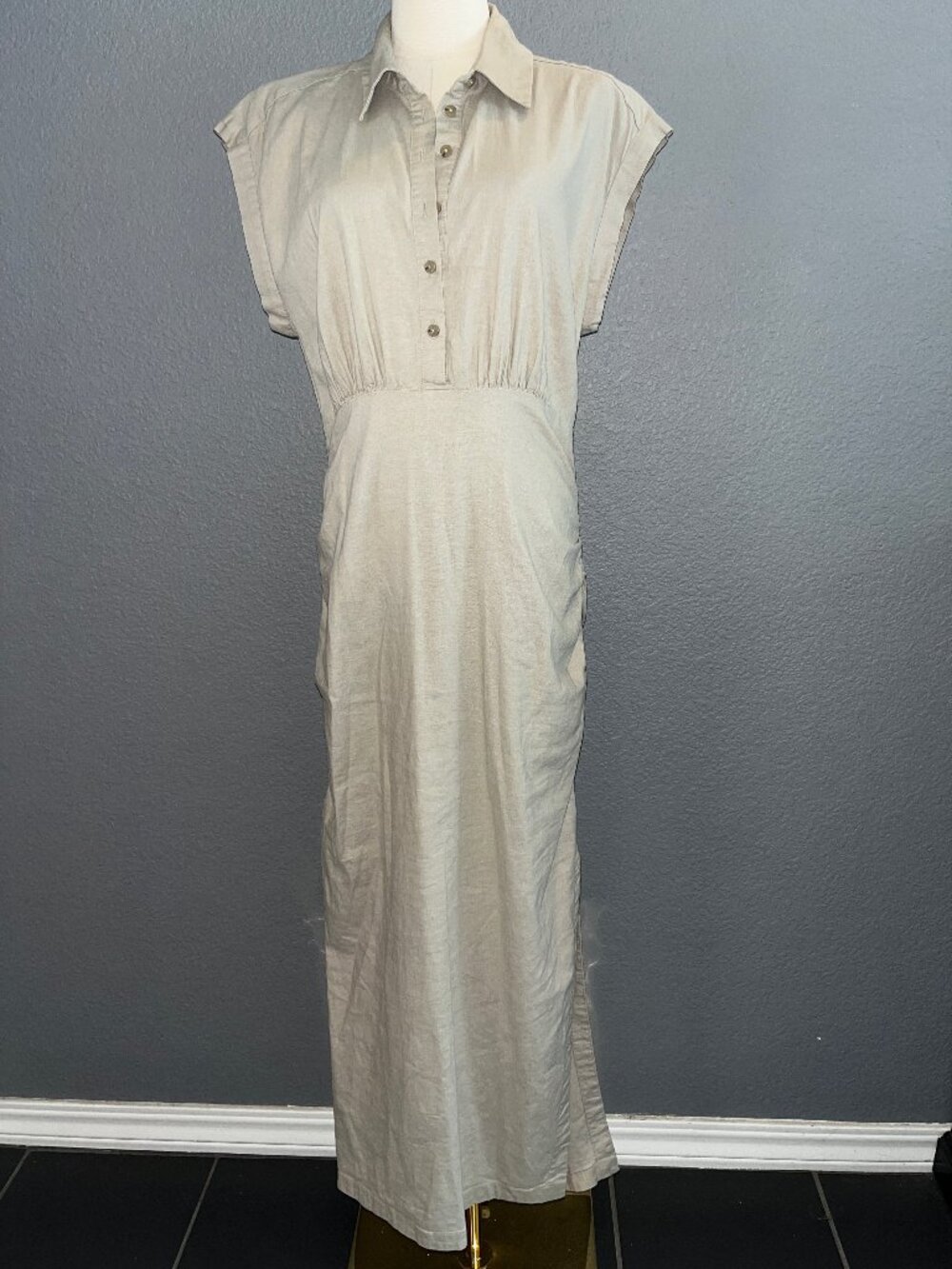 Anthropologie Cap-Sleeve V-Neck Ruched Slim Midi Dress - Taupe Neutral - EUC - M